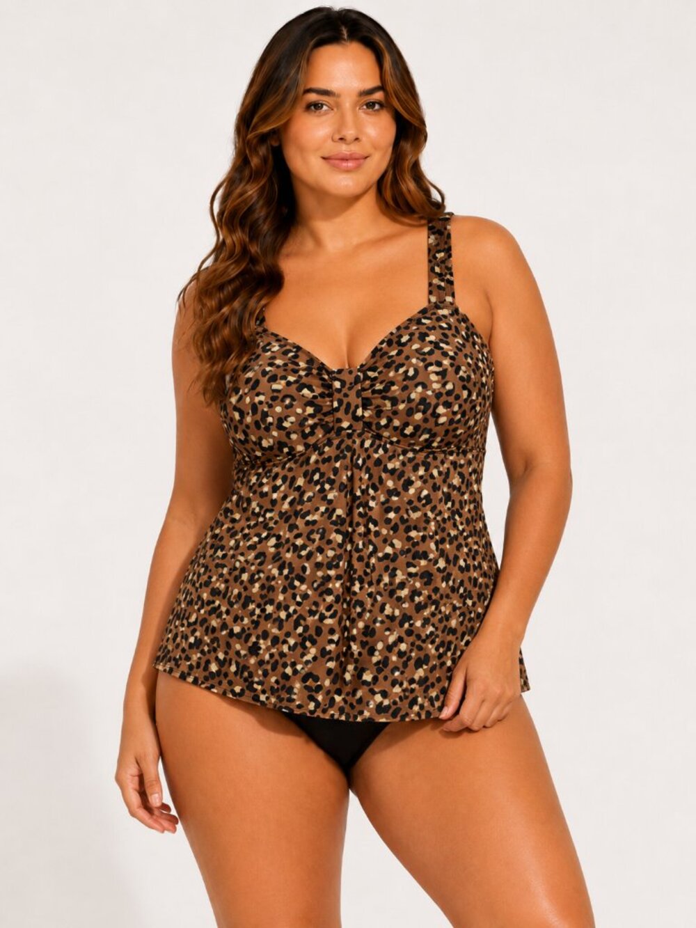 Ashley Stewart Leopard Tankini Top Brown Black Size 12 NWT Ruched Swim Top